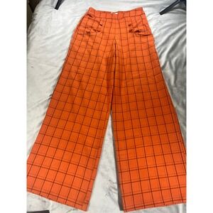 Unique Vintage Windowpane High Waist 1940's Pin Up Orange Plaid Wide Leg Size M